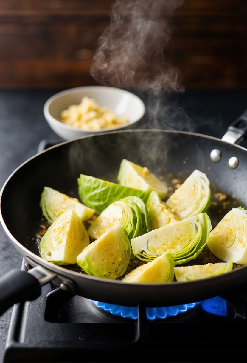 A sizzling pan with cabbage wedges being sautéed in garlic butter, emitting a savory aroma