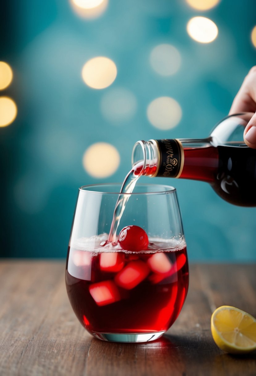 A glass filled with maraschino liqueur and a second ingredient being poured in from a bottle