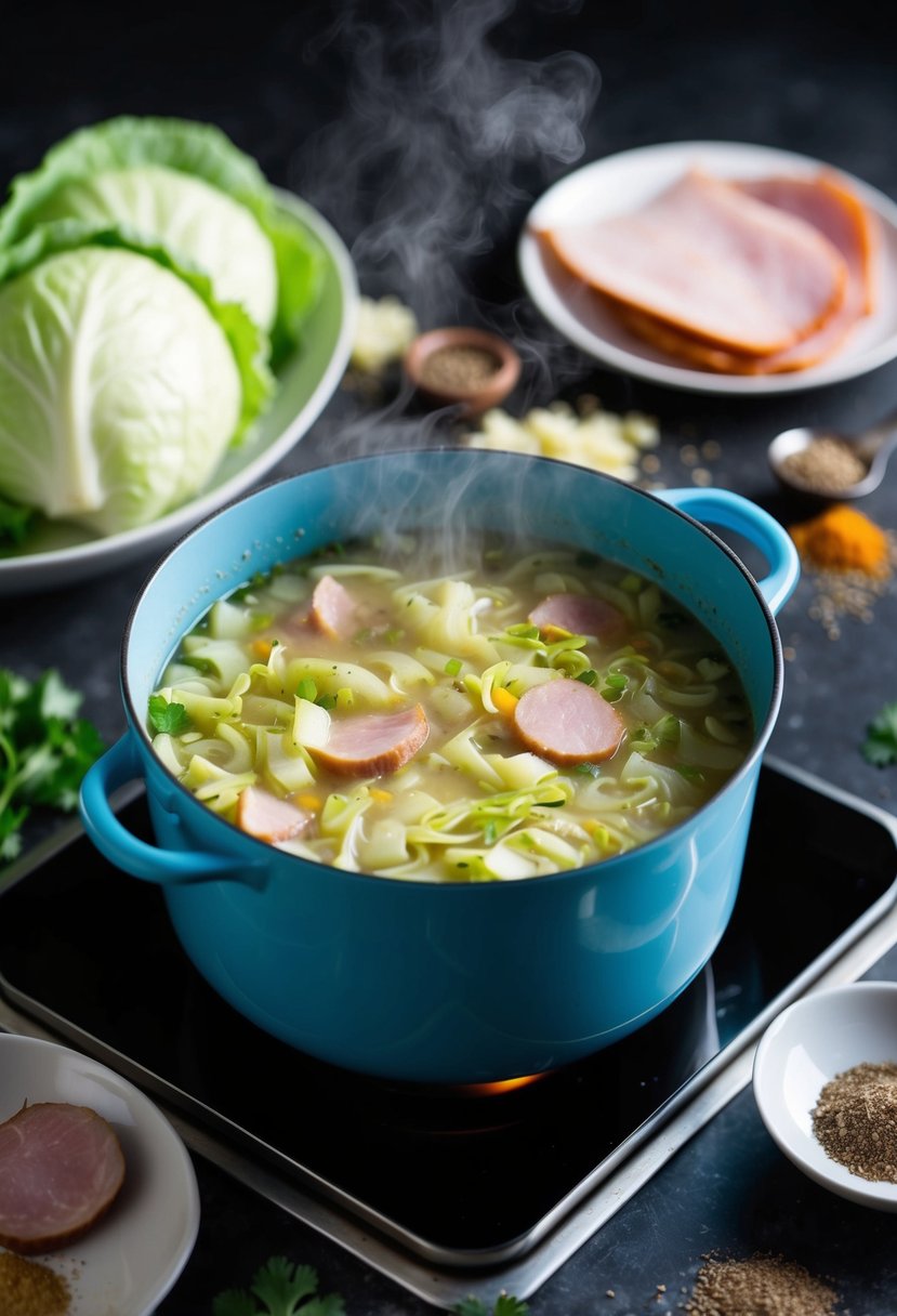 A steaming pot of cabbage and ham soup simmers on a stovetop, surrounded by scattered ingredients like cabbage, ham, and spices