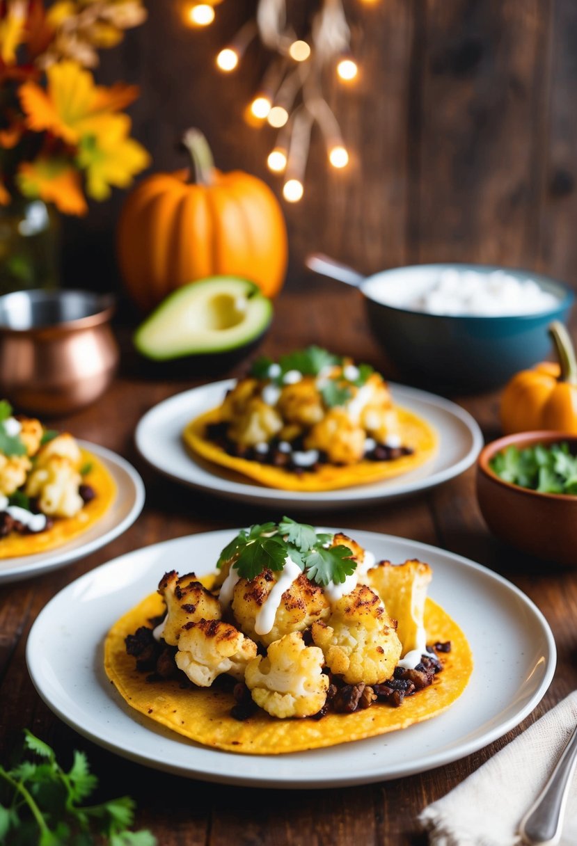 A table set with roasted cauliflower tacos, warm fall colors, and cozy ambiance