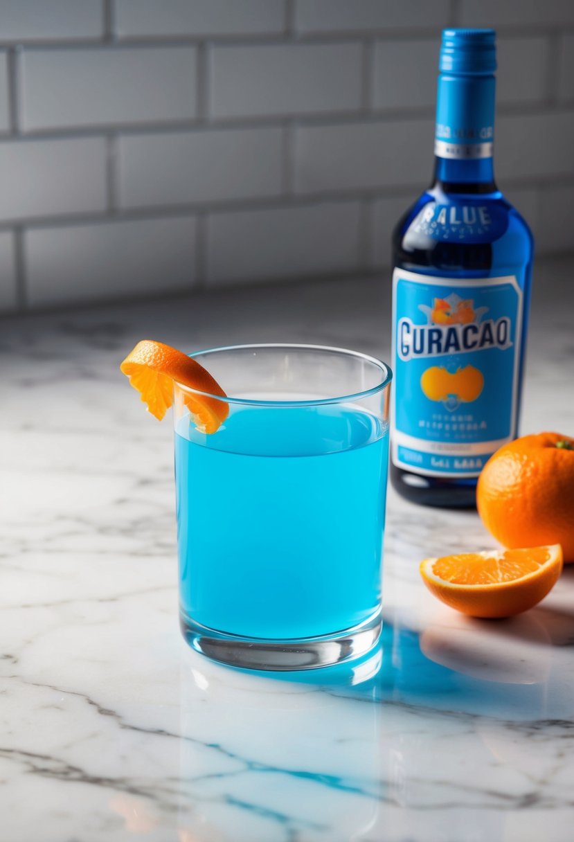 A clear glass filled with bright blue liquid, garnished with a twist of orange, sits on a marble countertop. A bottle of Blue Curacao and an orange are nearby