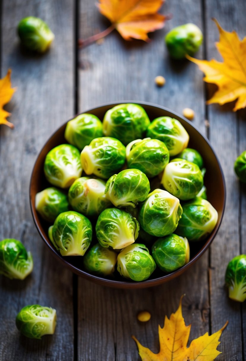 Brussels sprouts coated in maple glaze, arranged on a rustic wooden table with autumn leaves scattered around