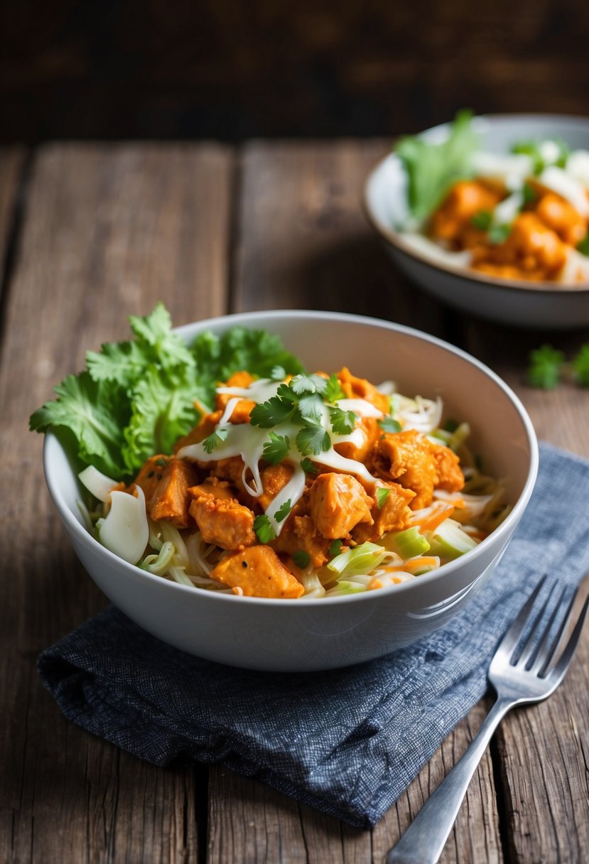 A bowl filled with buffalo chicken, cabbage, and keto-friendly ingredients sits on a rustic wooden table