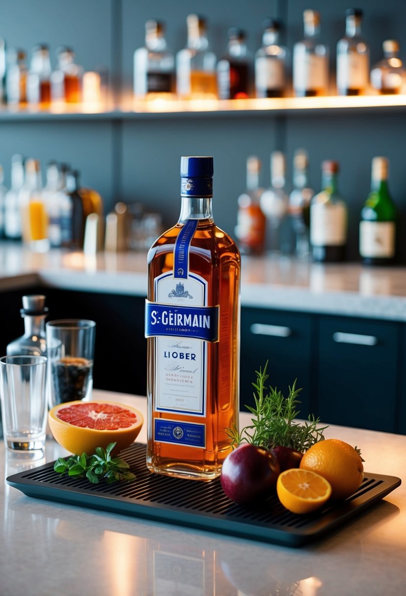 A clean, modern bar setting with a bottle of St-Germain liqueur and a selection of fresh fruits and herbs for cocktail making