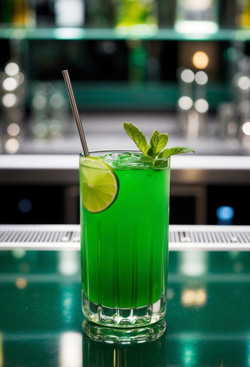 A glass filled with a vibrant green liquid, garnished with a slice of lime and a sprig of mint, sitting on a sleek bar counter