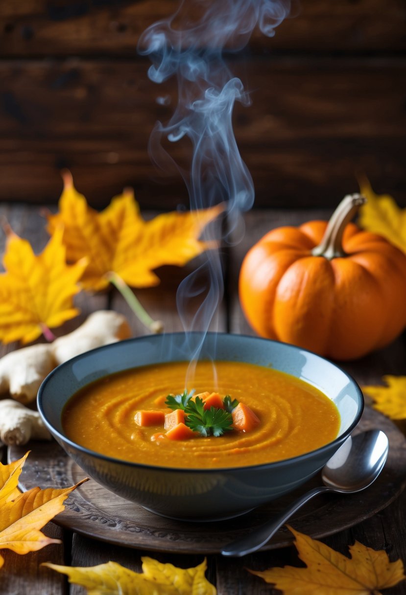 A steaming bowl of carrot ginger soup sits on a rustic wooden table, surrounded by autumn leaves and a warm, cozy atmosphere