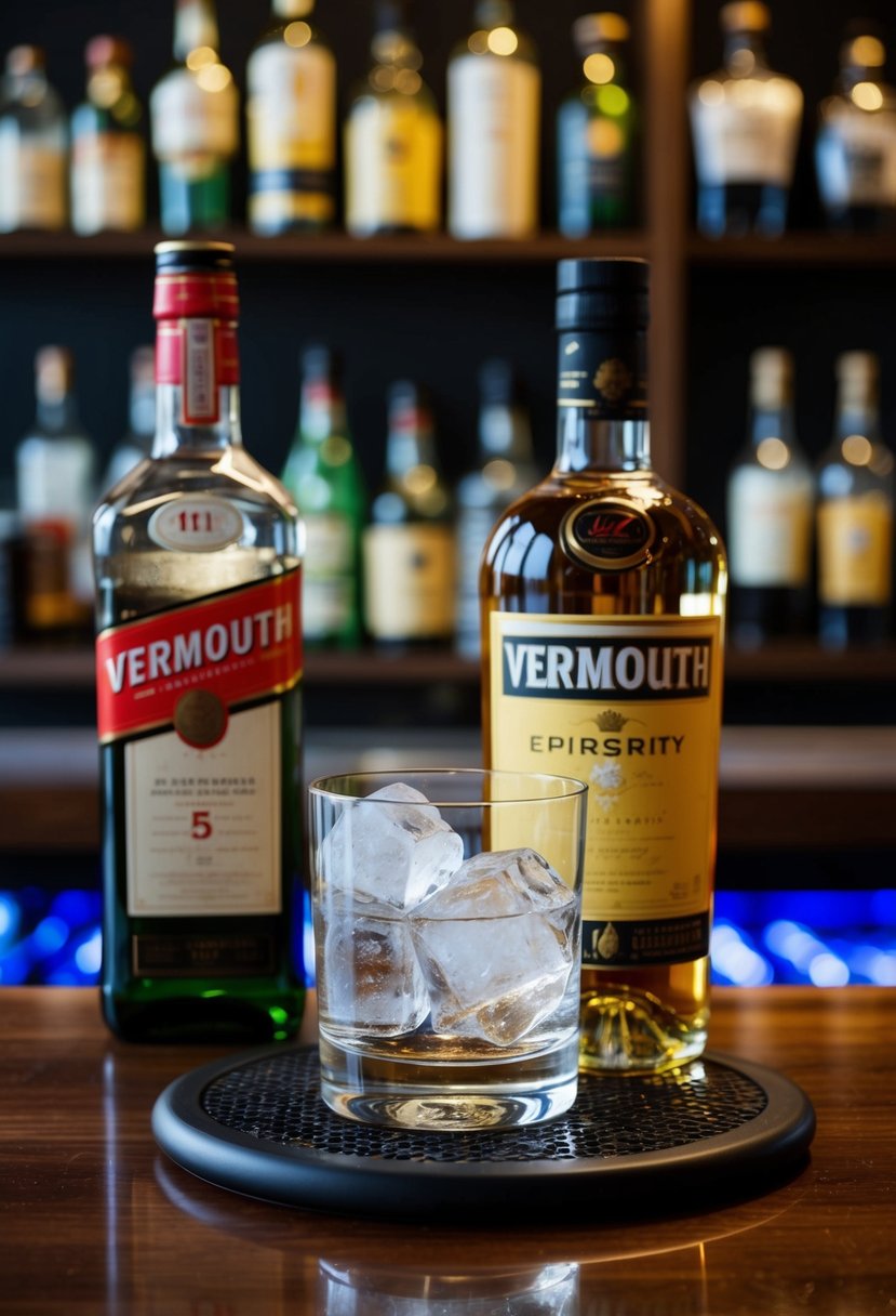 A glass filled with ice, a bottle of vermouth, and a second spirit on a bar counter