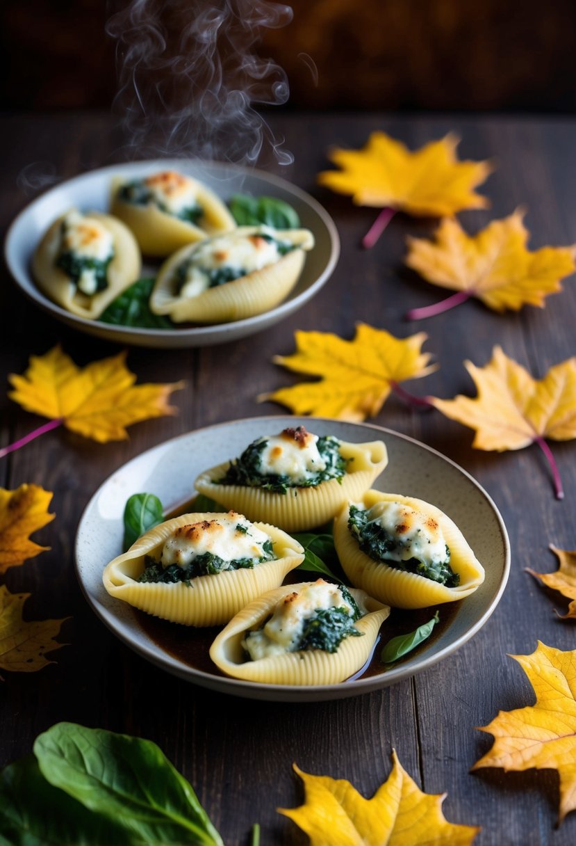 A steaming dish of spinach and ricotta stuffed shells surrounded by autumn leaves and a warm, inviting atmosphere