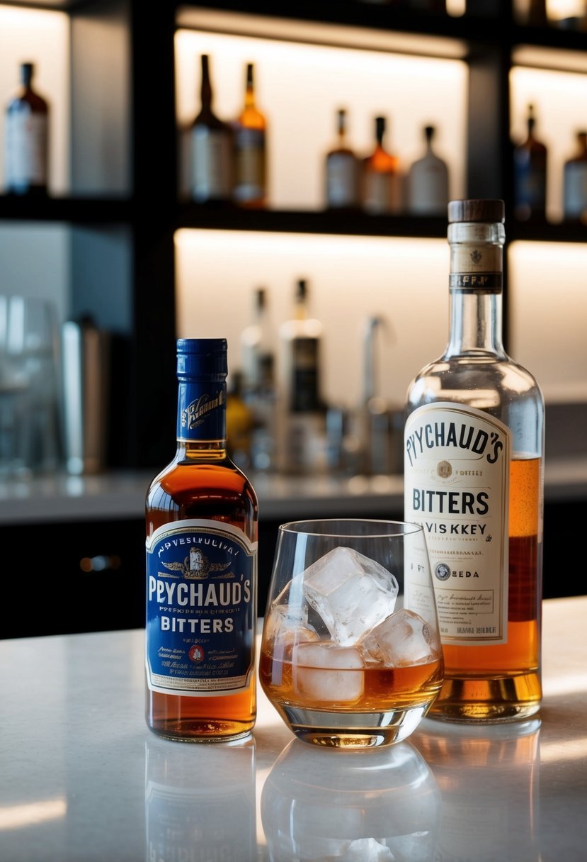 A glass filled with ice, a bottle of Peychaud's Bitters, and a bottle of a second ingredient, such as whiskey or soda, on a clean, well-lit bar top