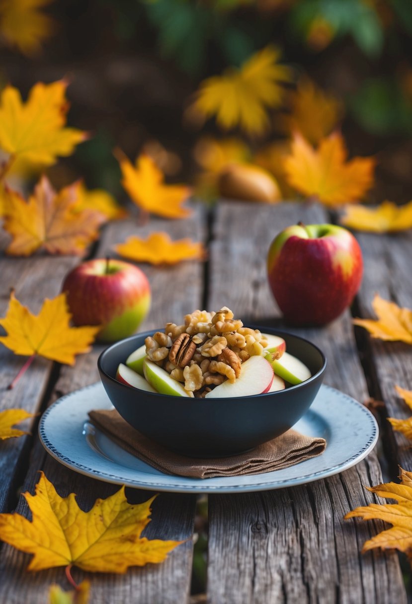 A rustic wooden table set with a bowl of apple walnut salad, surrounded by autumn leaves and a warm, inviting atmosphere