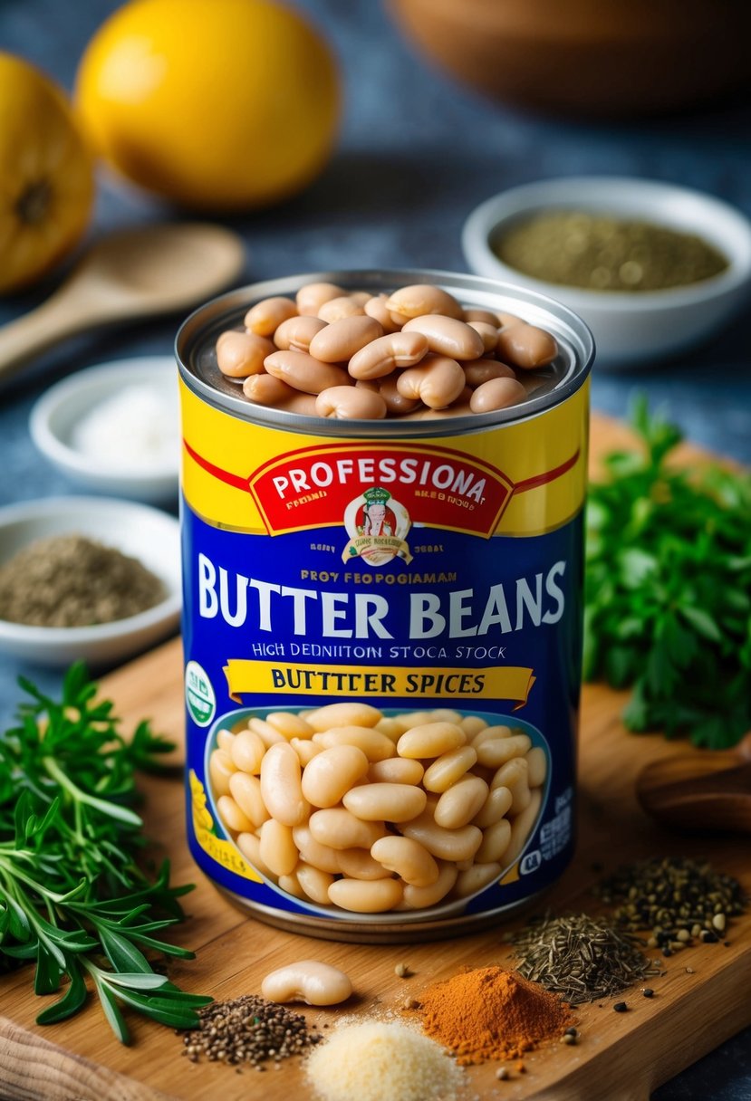 A can of butter beans surrounded by fresh herbs and spices on a wooden cutting board