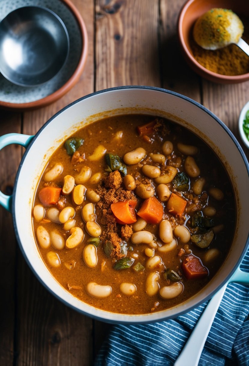 A pot of bubbling curry with canned butter beans, tomatoes, and spices. On a wooden table with a ladle and a bowl