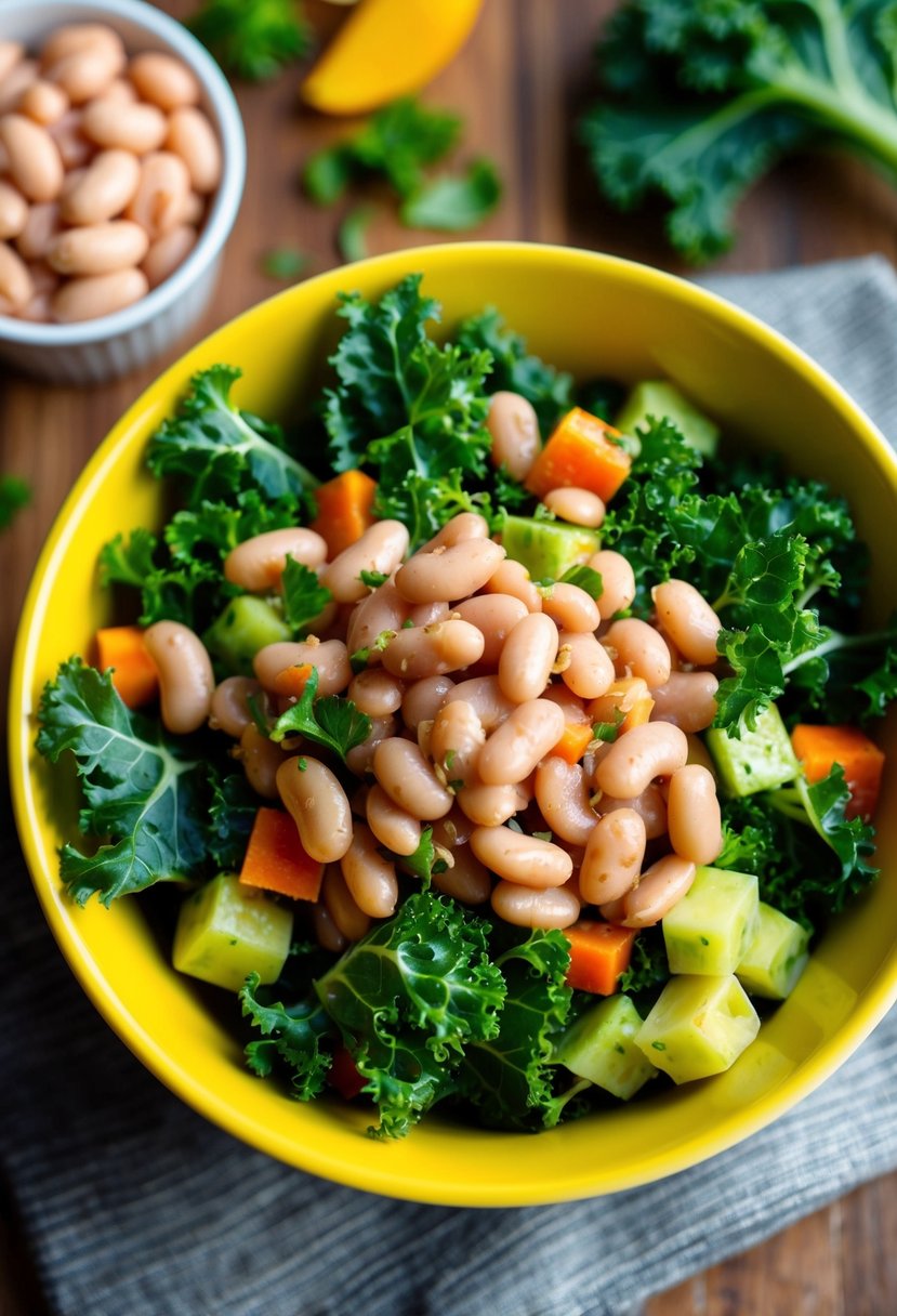 A colorful salad bowl filled with canned butter beans, fresh kale leaves, and vibrant vegetables, all tossed together with a zesty vinaigrette