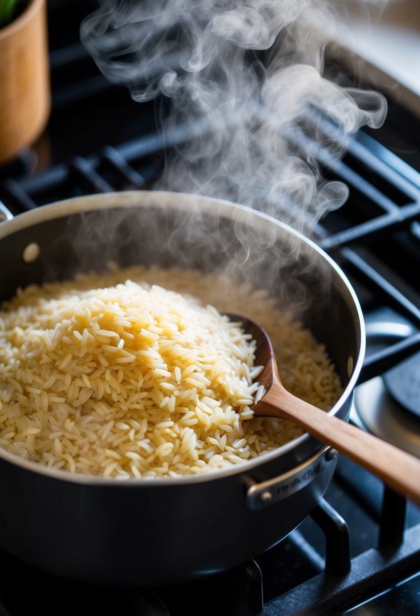 A pot of medium grain rice cooking on a stovetop, steam rising and a wooden spoon resting on the edge