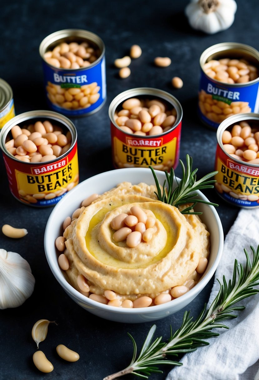 A bowl of creamy butter bean dip surrounded by open cans of butter beans, garlic cloves, and a sprig of fresh rosemary