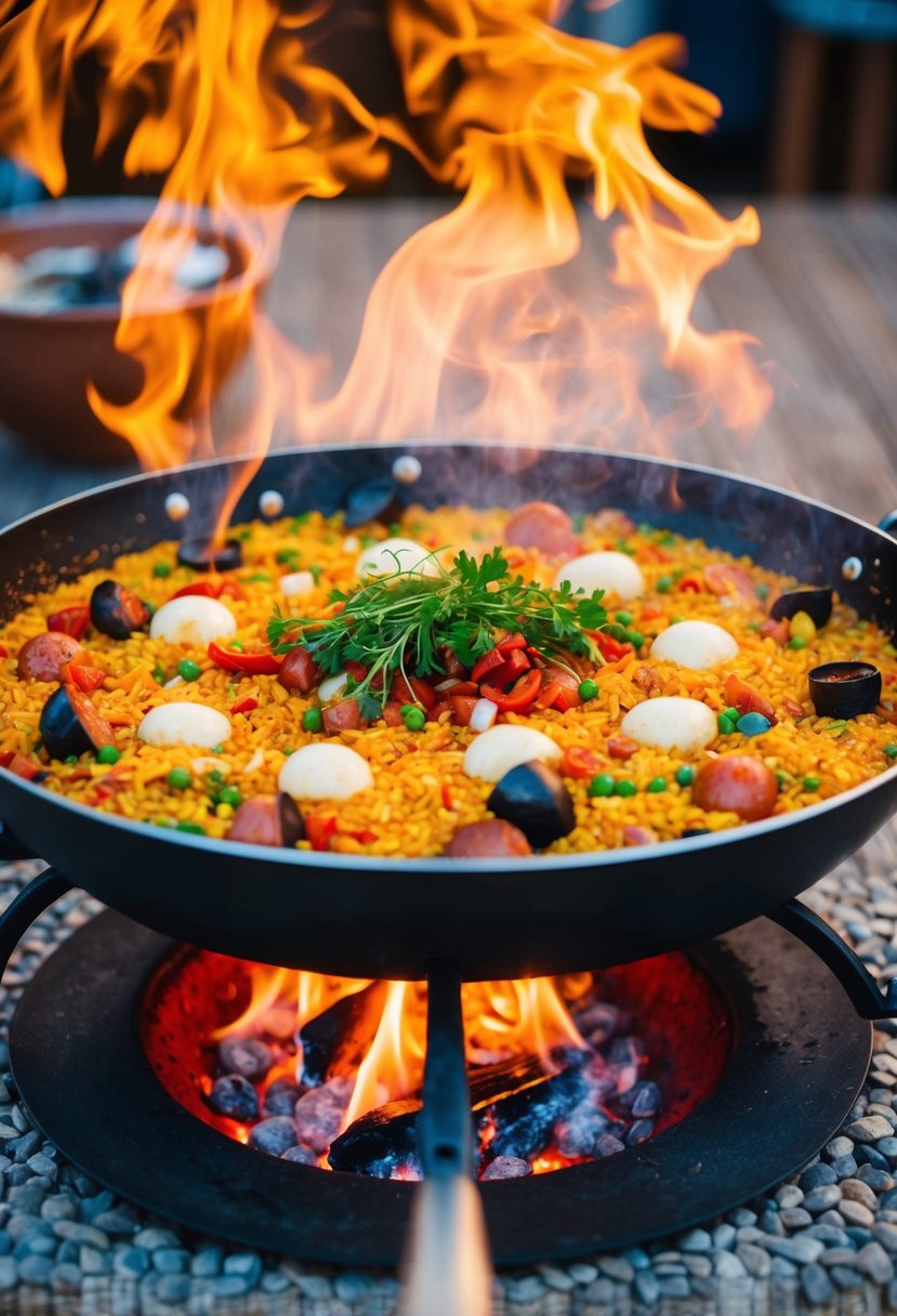 A large pan filled with colorful Spanish paella ingredients cooking over an open flame