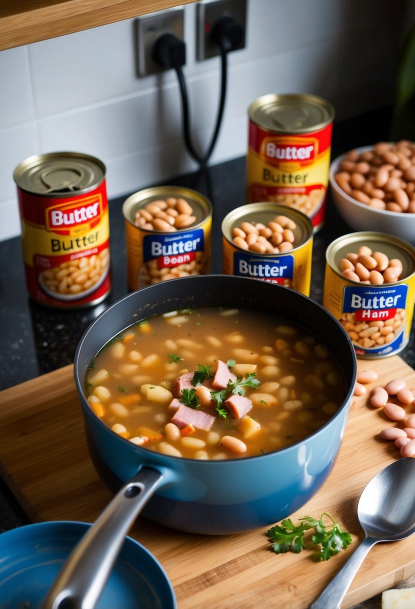 A pot of simmering butter bean and ham soup surrounded by open cans of butter beans and other ingredients on a kitchen counter