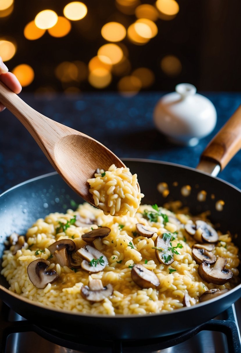 A wooden spoon stirring creamy risotto with mushrooms in a sizzling pan