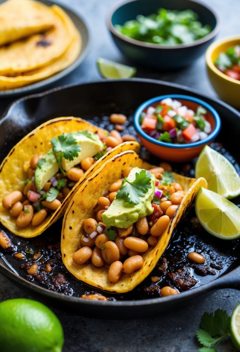 A sizzling skillet of grilled butter bean tacos, with colorful toppings and a side of salsa and lime wedges