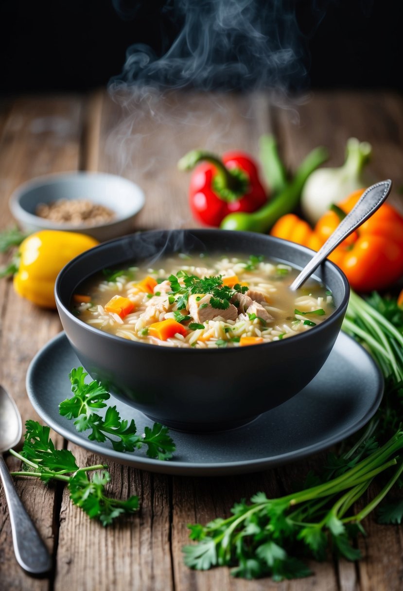 A steaming bowl of chicken and rice soup sits on a rustic wooden table, garnished with fresh herbs and surrounded by colorful vegetables