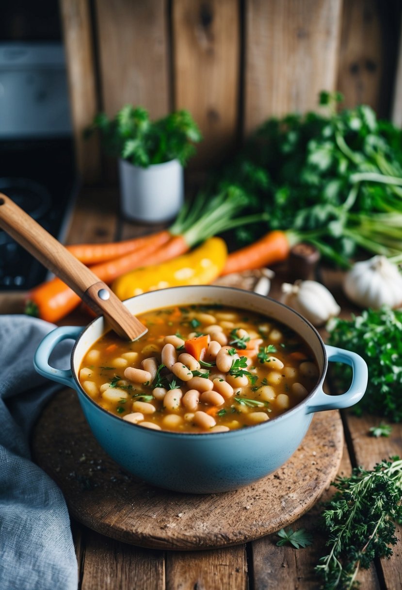 A pot of simmering butter bean stew with colorful vegetables and fragrant herbs on a rustic kitchen counter