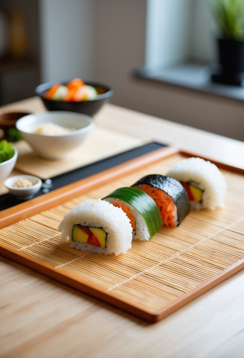 A bamboo sushi rolling mat with medium grain rice and various ingredients spread out on a clean, wooden surface