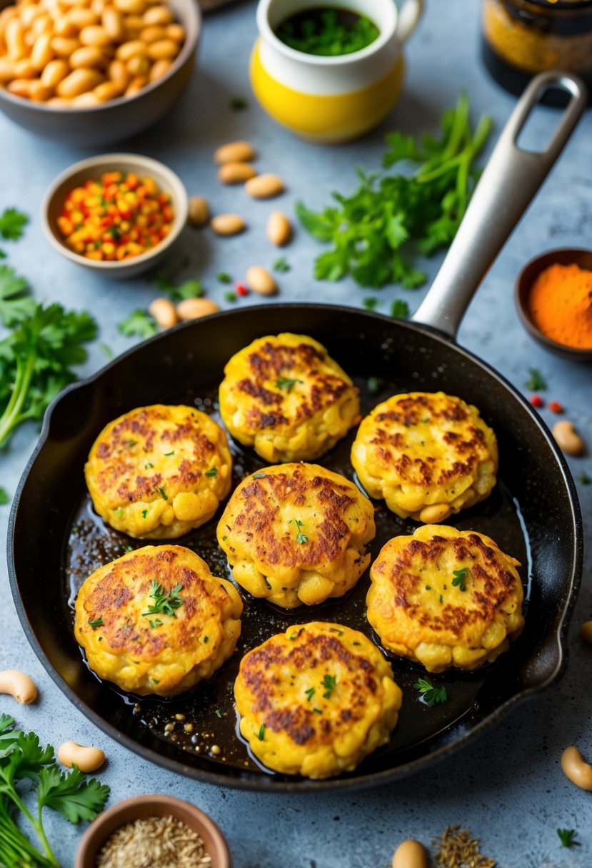 A sizzling skillet with golden brown butter bean patties surrounded by colorful spices and herbs