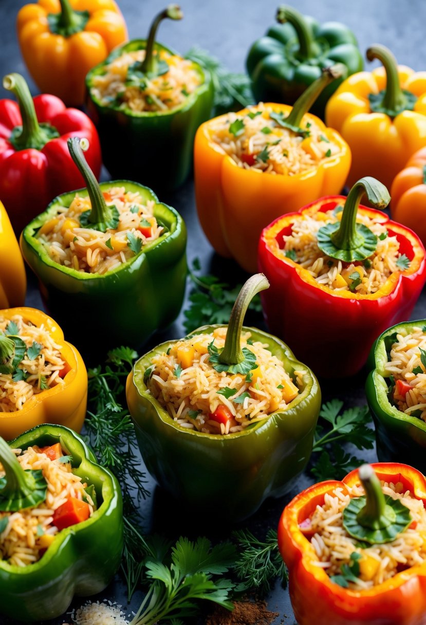 A colorful array of stuffed peppers filled with fluffy medium grain rice, surrounded by vibrant herbs and spices