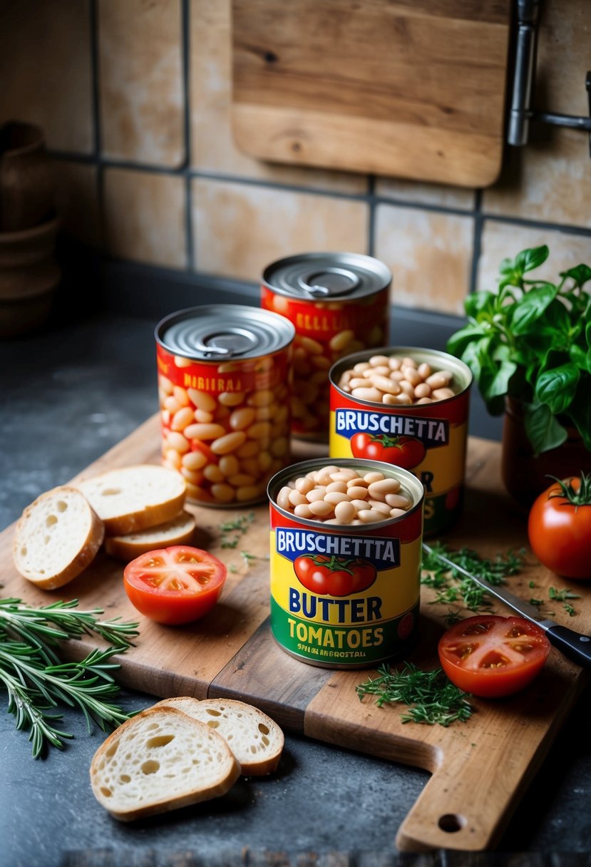 A rustic kitchen counter with open cans of butter beans and tomatoes, along with fresh herbs and bread slices ready for bruschetta preparation