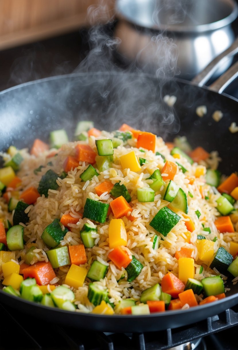 A sizzling wok filled with colorful medley of diced vegetables and fluffy medium grain rice, steaming and fragrant