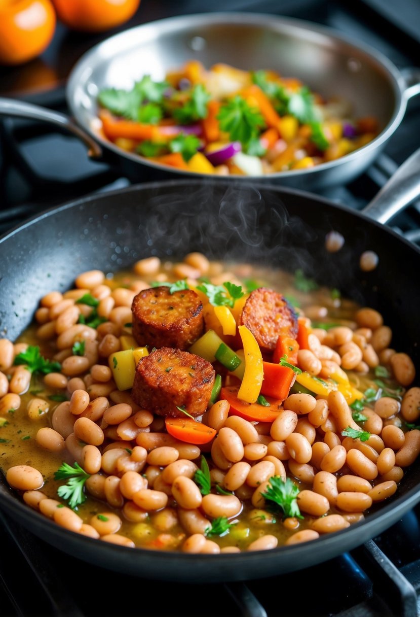 A sizzling skillet with butter beans, chorizo, and colorful vegetables cooking over a hot stovetop