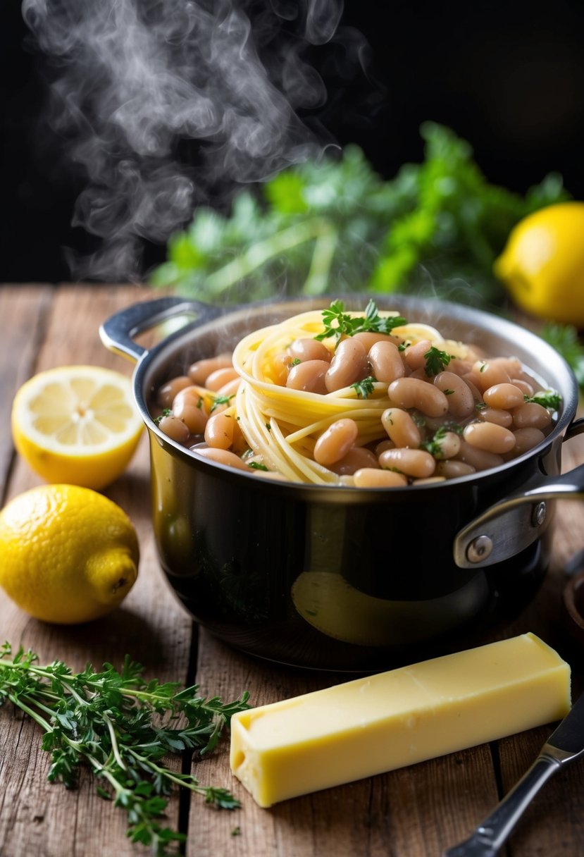 A pot of boiling pasta with canned butter beans, lemon, and herbs beside a stick of butter