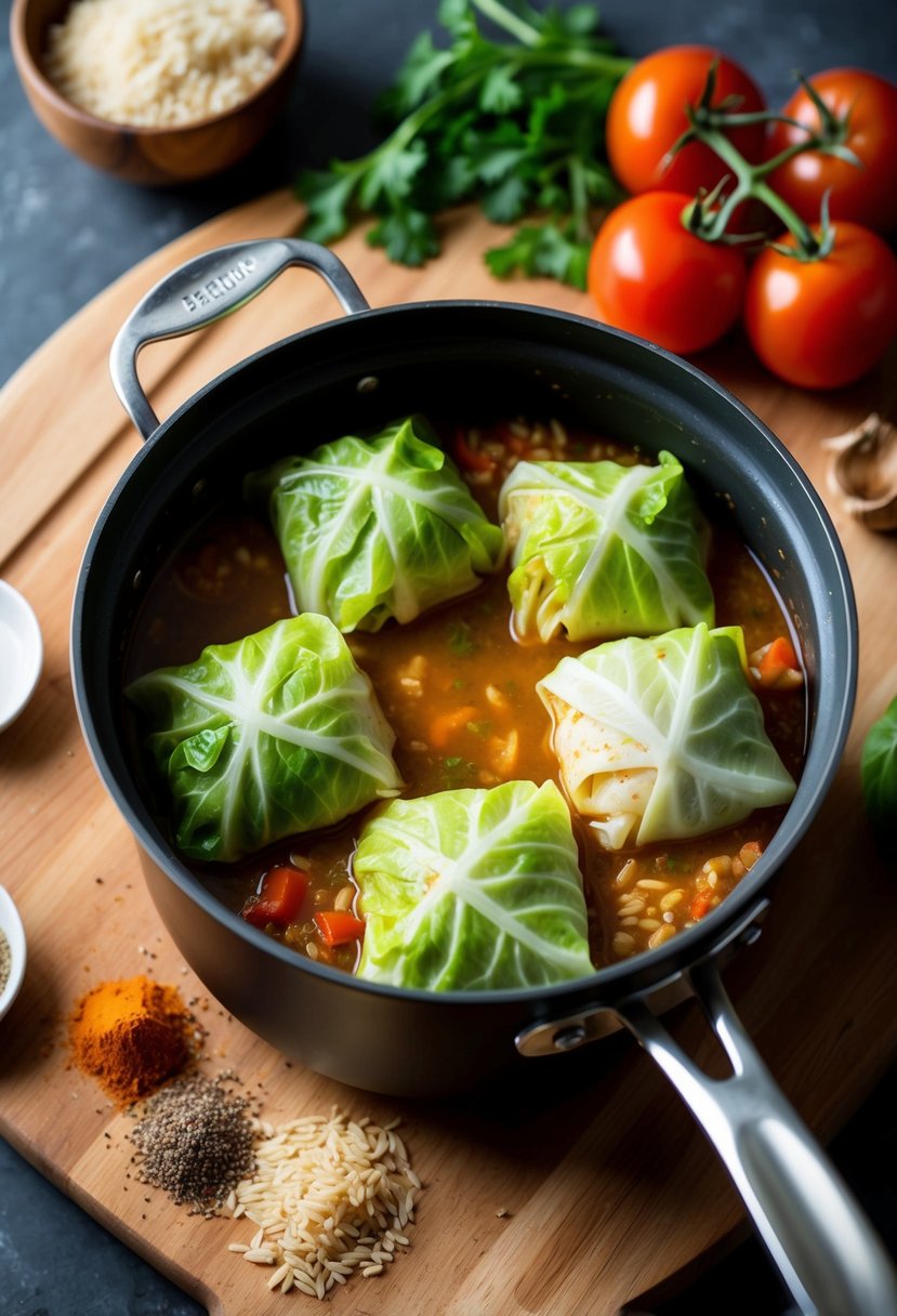 A pot of simmering cabbage rolls surrounded by ingredients like rice, tomatoes, and spices on a wooden cutting board