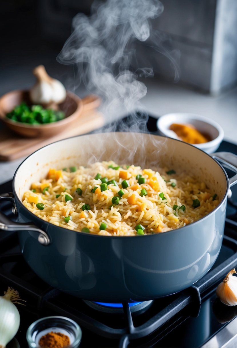 A pot of rice pilaf simmering on a stovetop, steam rising, with ingredients like onions, garlic, and spices nearby