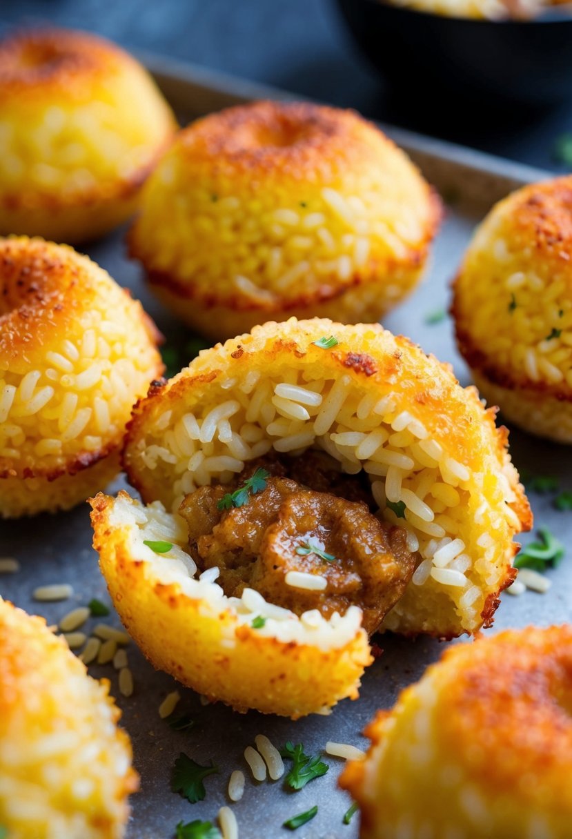 Medium grain rice formed into round arancini, golden brown and crispy on the outside, with a savory filling peeking out