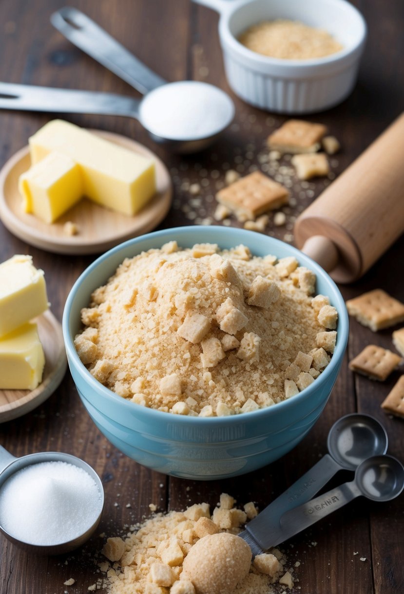 A bowl of graham cracker crumbs surrounded by ingredients like butter and sugar, with a rolling pin and measuring spoons nearby