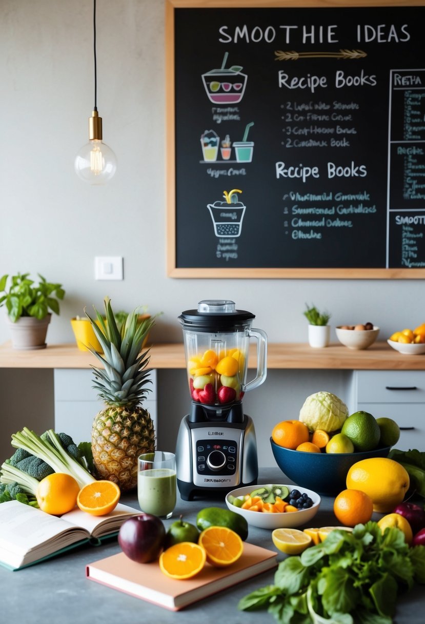 A table set with various fruits, vegetables, and blender, surrounded by recipe books and a chalkboard with smoothie ideas