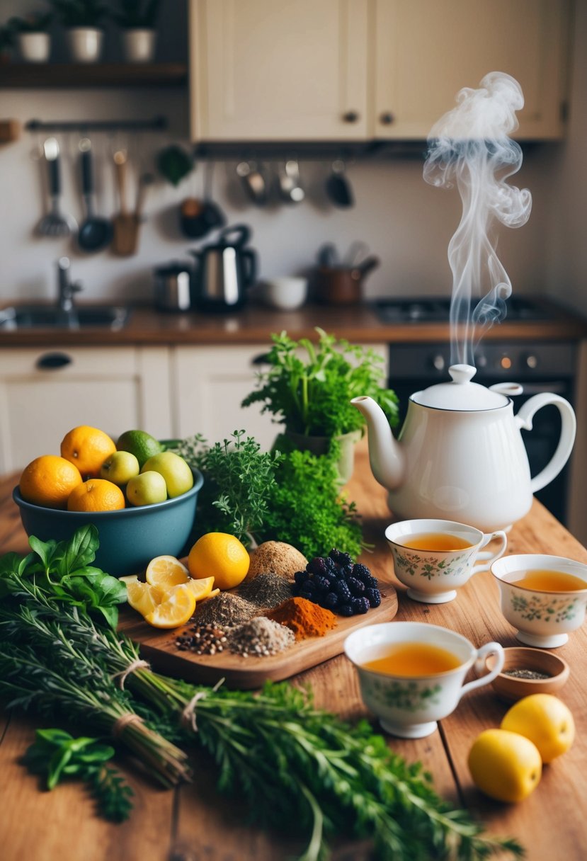 A cozy kitchen with an array of fresh herbs, fruits, and spices laid out on a wooden table, alongside a steaming teapot and delicate teacups