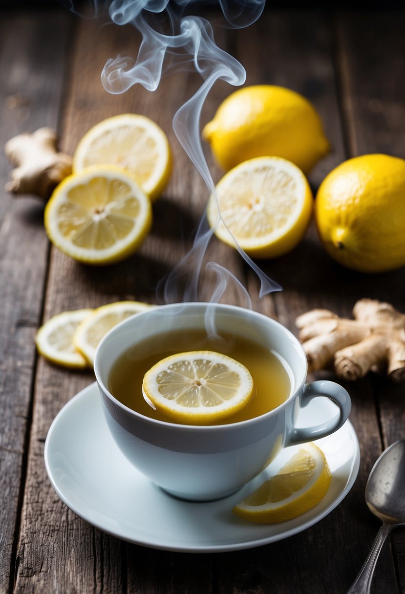 A steaming cup of lemon ginger tea sits on a rustic wooden table, surrounded by fresh lemon slices and ginger root