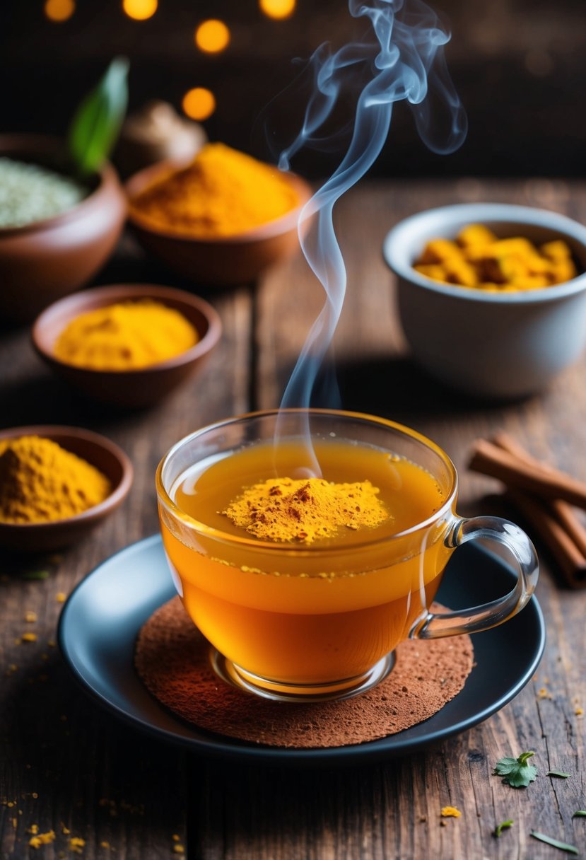 A steaming cup of turmeric and cinnamon infused tea sits on a rustic wooden table, surrounded by fresh ingredients and a warm, inviting atmosphere