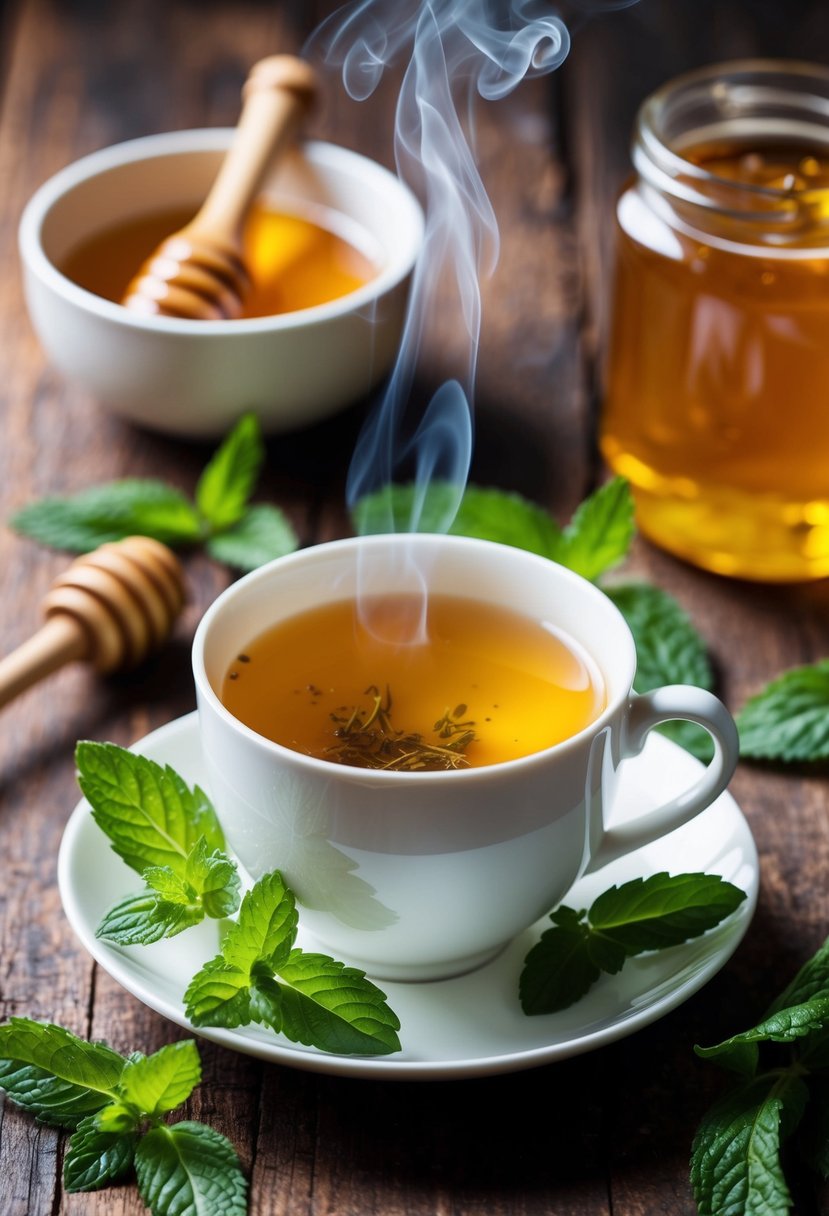 A steaming cup of mint and honey tea sits on a rustic wooden table, surrounded by fresh mint leaves and a jar of golden honey