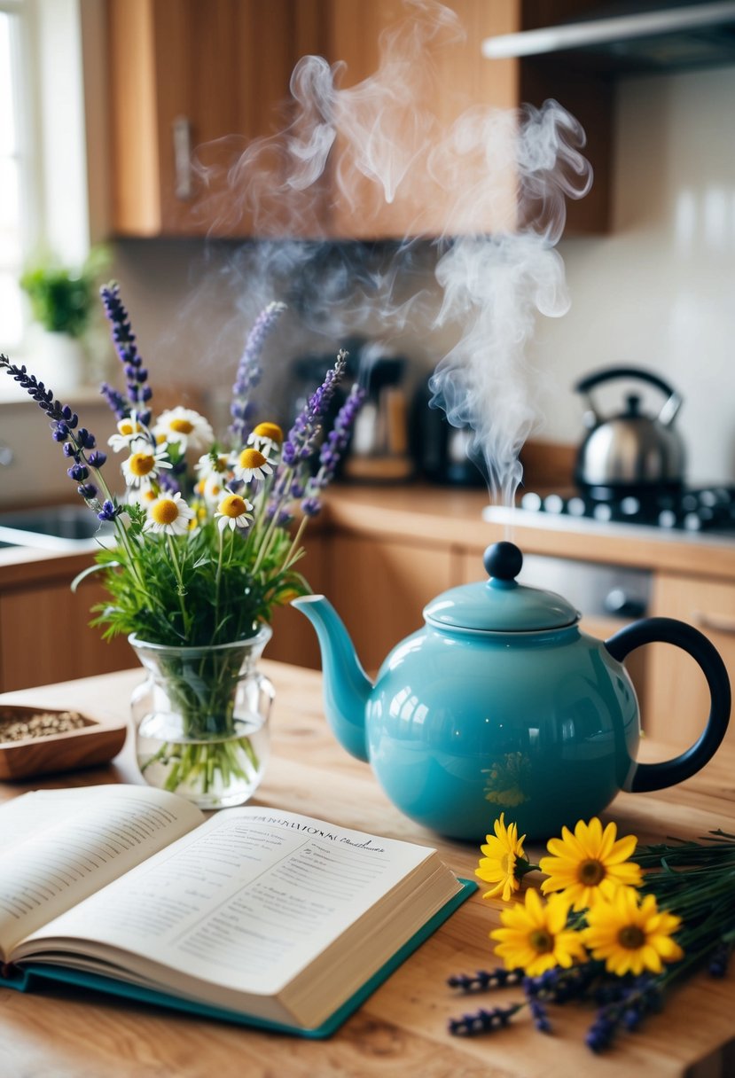 A cozy kitchen with a steaming teapot, fresh chamomile and lavender flowers, and a recipe book open to homemade tea recipes