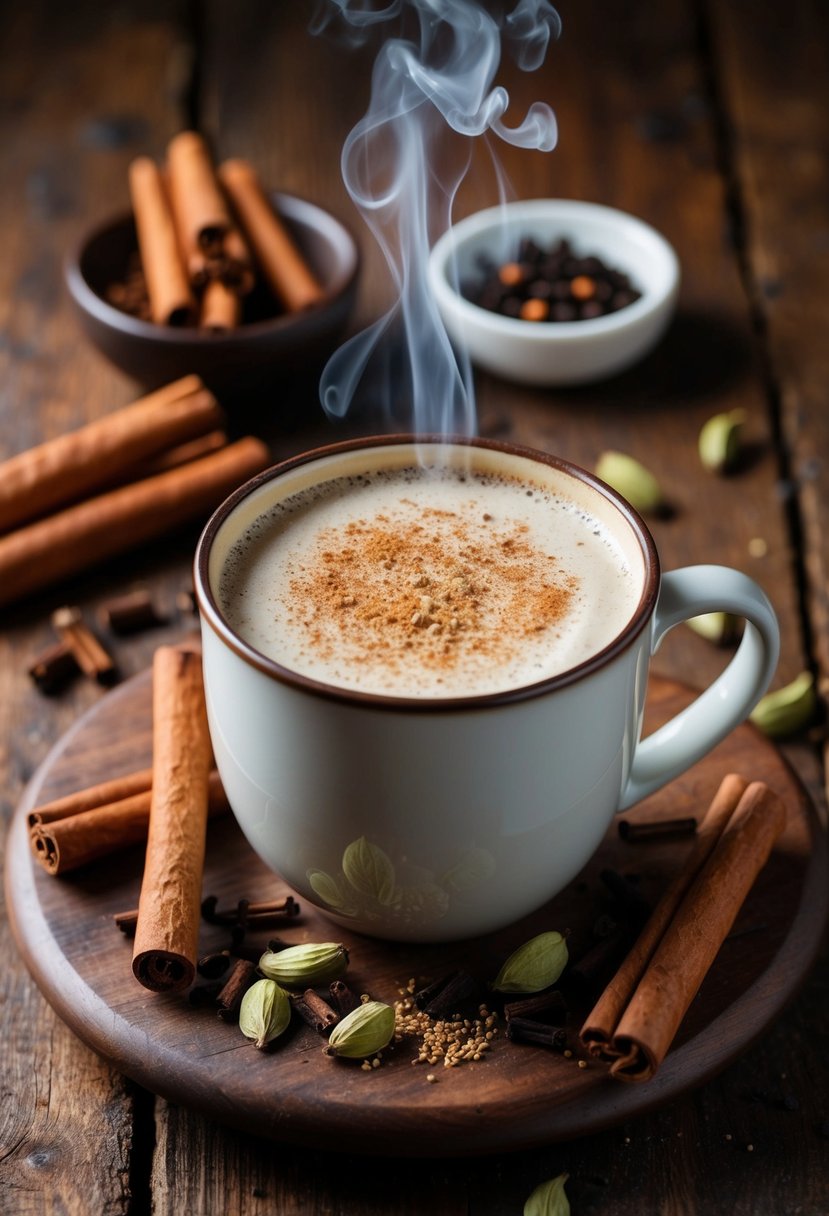 A steaming mug of Spicy Chai Tea Latte surrounded by cinnamon sticks, cloves, and a sprinkle of cardamom on a rustic wooden table