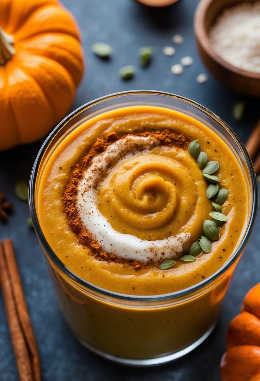 A swirling blend of pumpkin, spices, and dinner ingredients in a smoothie