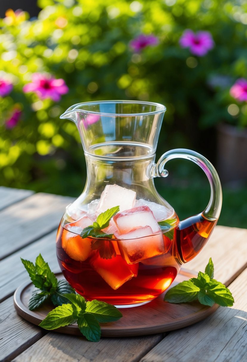 A glass pitcher filled with hibiscus tea, surrounded by fresh mint and ice cubes on a wooden table in a sunlit garden