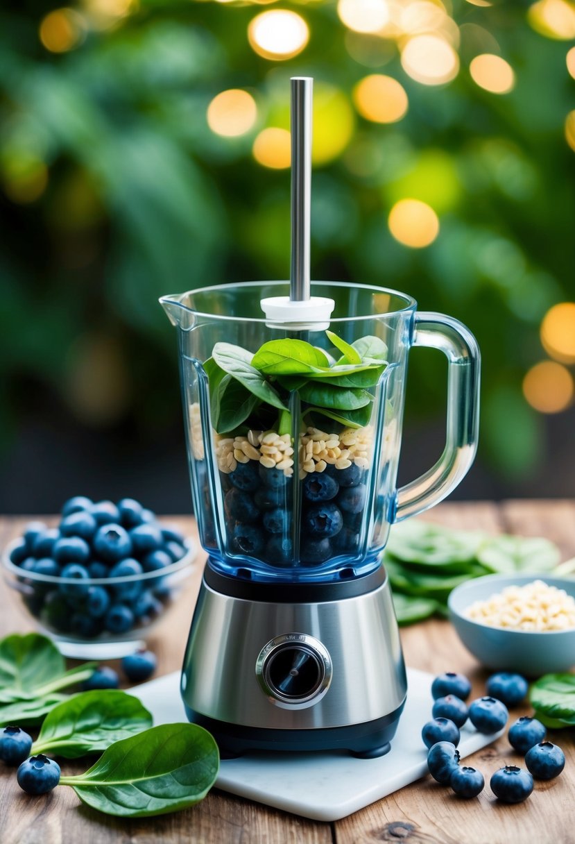 A blender surrounded by fresh blueberries, spinach leaves, and ingredients for a dinner smoothie recipe