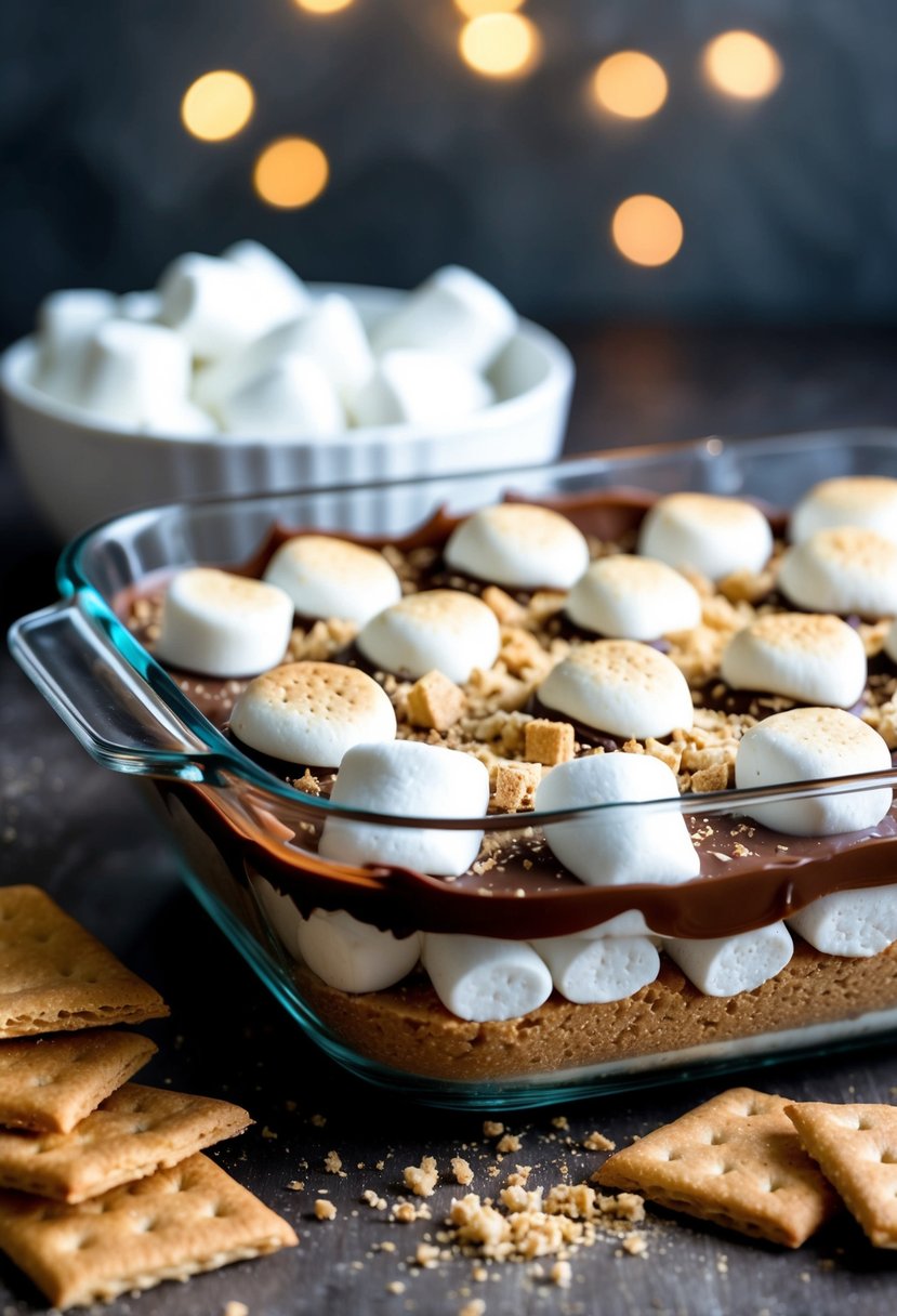 A glass baking dish filled with layers of melted chocolate, marshmallows, and graham cracker crumbs, surrounded by a pile of graham crackers for dipping