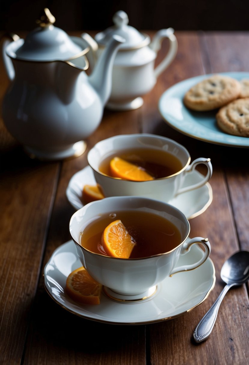 A teacup filled with Earl Grey tea, garnished with a twist of orange, sits on a wooden table next to a teapot and a plate of homemade cookies