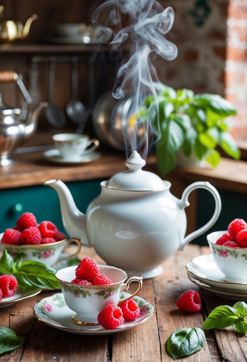 A rustic kitchen table with fresh raspberries, basil leaves, and a steaming teapot surrounded by vintage tea cups and saucers