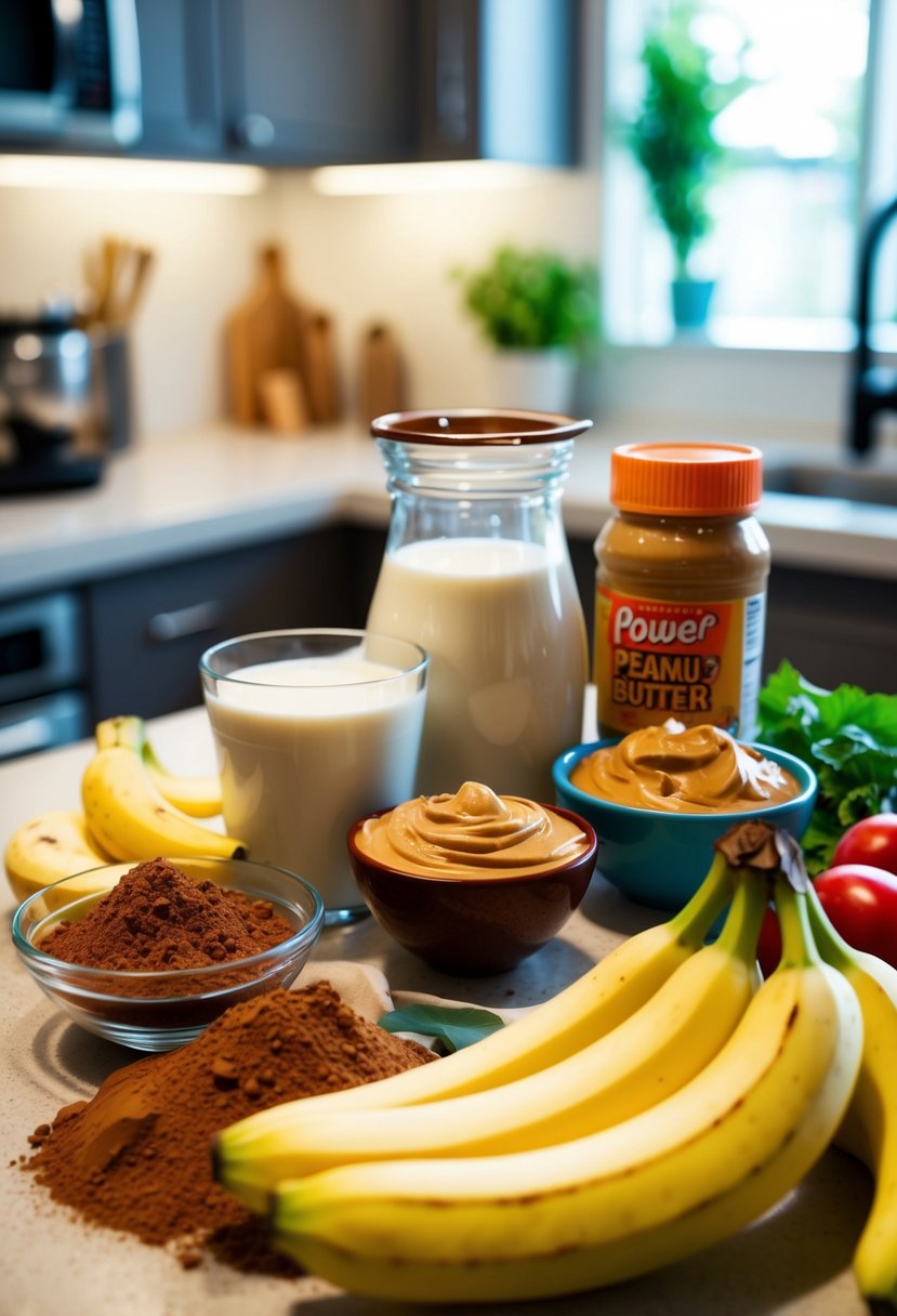 A colorful array of ingredients - bananas, cocoa powder, peanut butter, and milk - arranged on a kitchen counter, ready to be blended into chocolate peanut butter power dinner smoothies